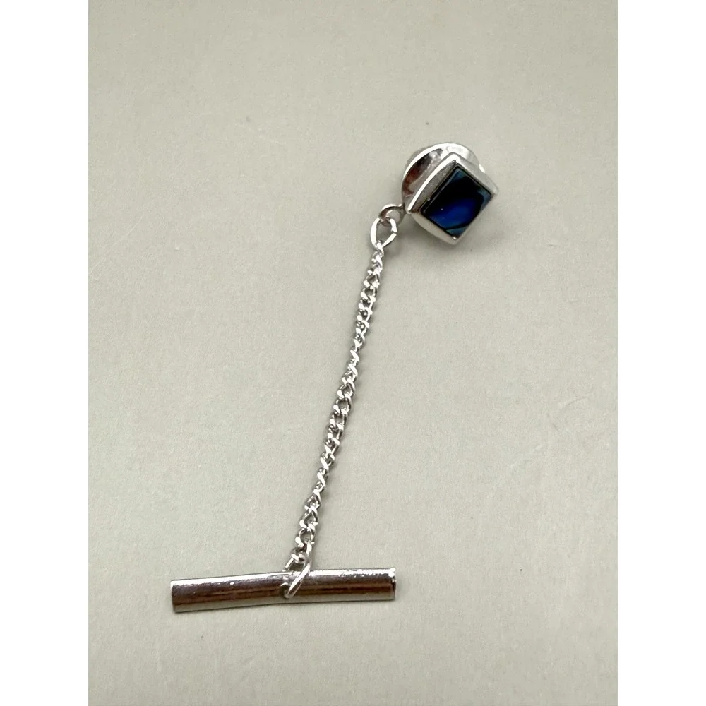 Tie Tack Silver Tone Blue Inlay Square Stone Men Accessory Chain Bar